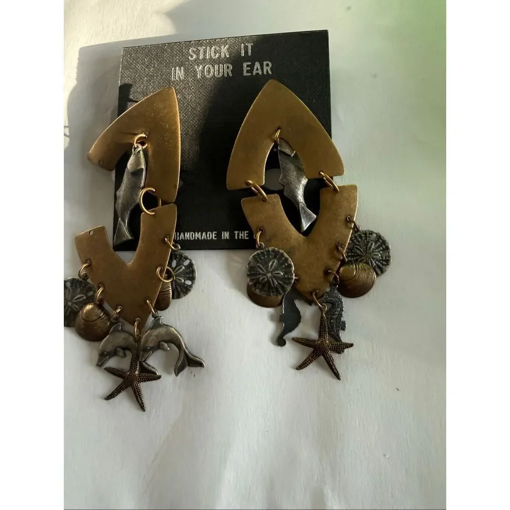 Dhdsc Women's Mixed-Metal Sea Life Charms Statement Dangle Earrings Gray Tan NWT